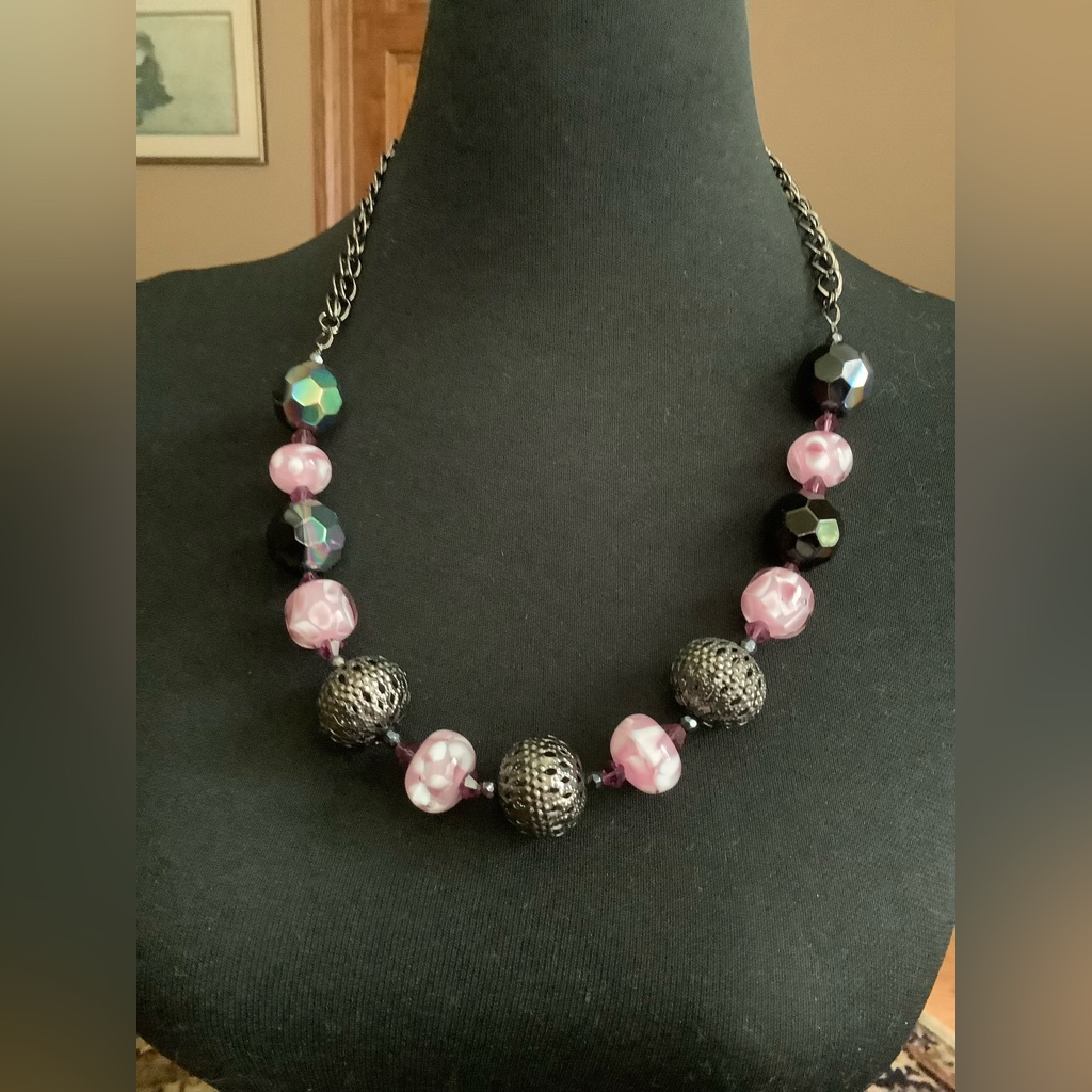 Pink Lamp Work Bead Necklace By Sandy Robinson Jewelry